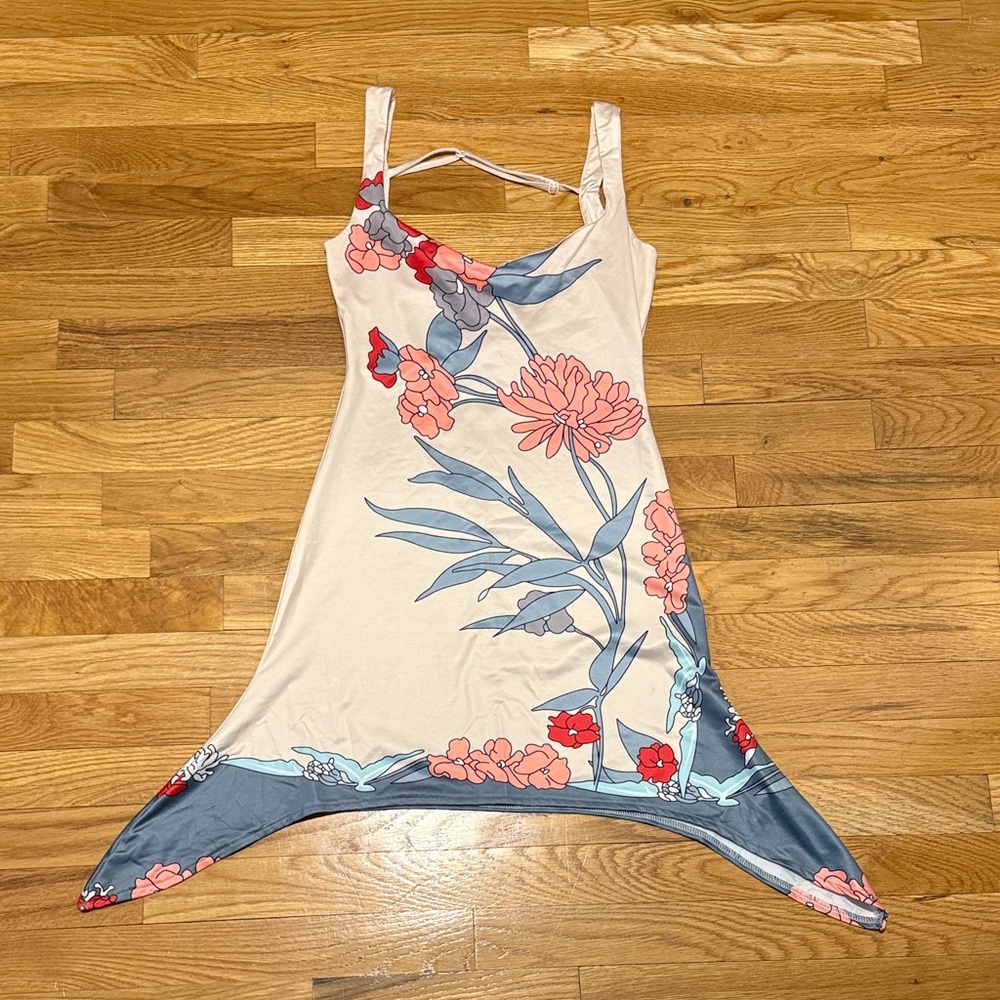 Floral Cream & Blue Sleeveless Dress